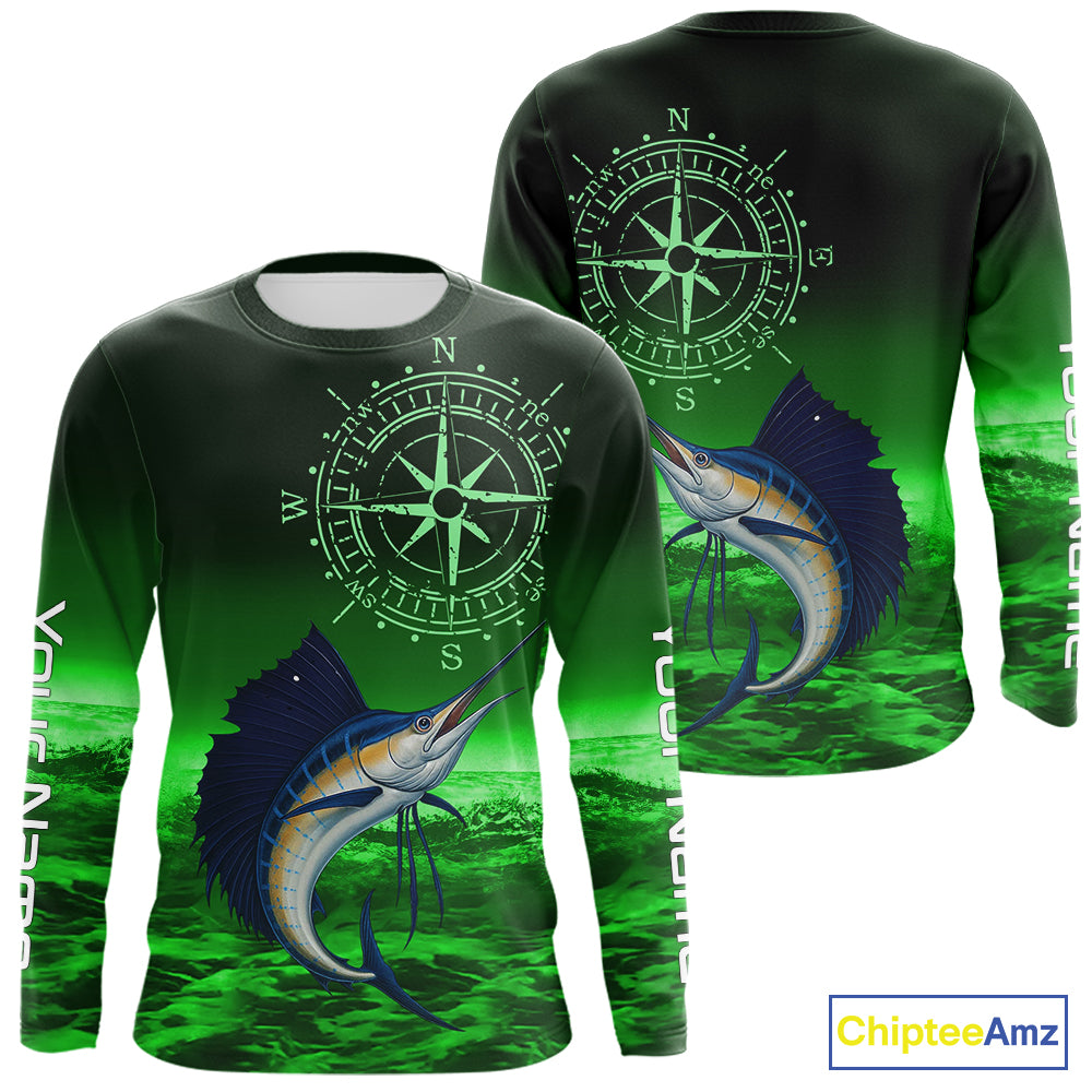 Personalized Sailfish Green Performance Fishing Shirts, compass Sailfish fishing tournament Shirts NQS10235