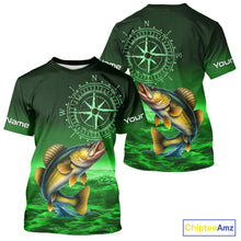 Load image into Gallery viewer, Personalized Walleye Green Performance Fishing Shirts, compass Walleye fishing tournament Shirts NQS10236
