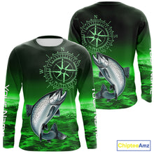 Load image into Gallery viewer, Personalized Salmon Green Performance Fishing Shirts, compass Salmon fishing tournament Shirts NQS10237