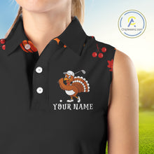 Load image into Gallery viewer, Funny black orange Thanksgiving pattern Sleeveless Golf Polo Shirt For Women custom Turkey golf tops NQS10838