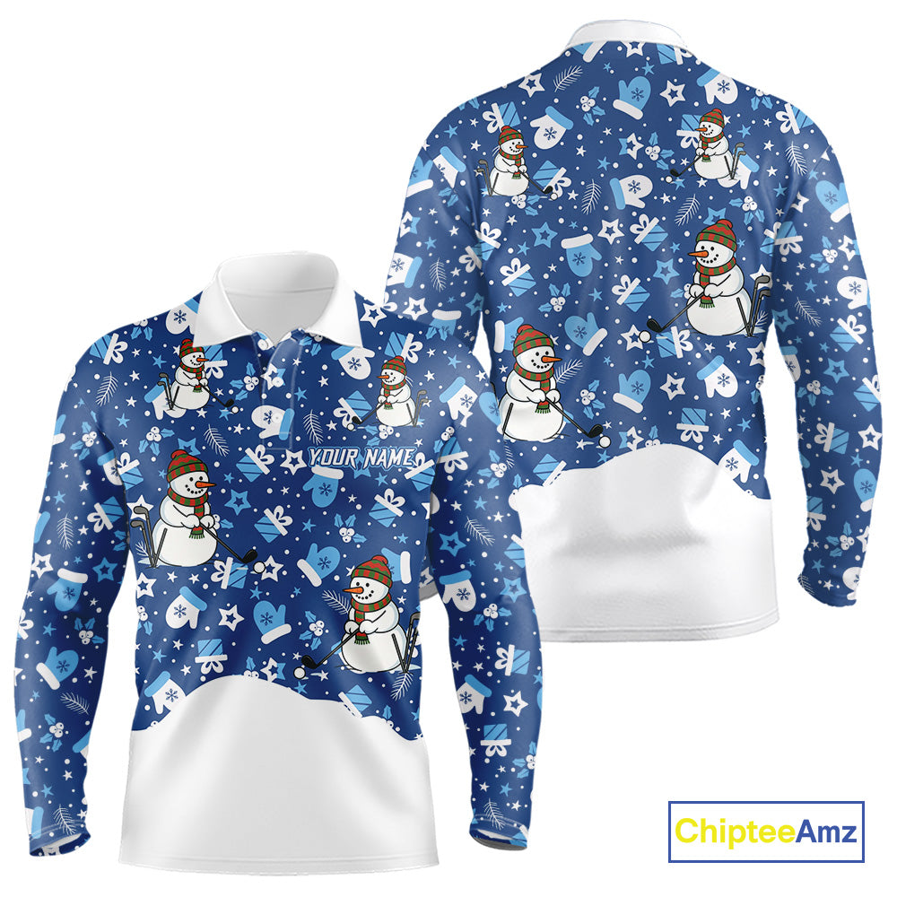 Blue and White Snowman Christmas pattern Golf Polo shirts For men Custom mens Christmas golf shirts NQS11004