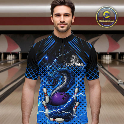 Black and Blue Lightning Thunder Cobra Snake Bowling Shirts For Men Custom Bowling Team League Jersey NQS11006