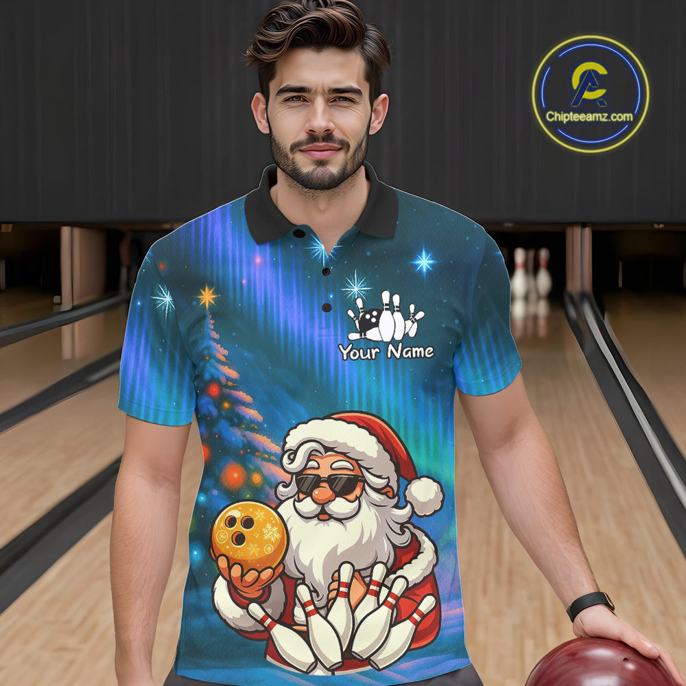 Funny Santa Christmas Bowling Shirts For Men Custom Blue Christmas Night Bowling Team Jersey NQS11010