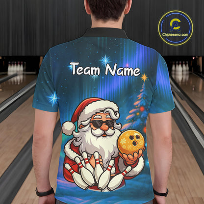 Funny Santa Christmas Bowling Shirts For Men Custom Blue Christmas Night Bowling Team Jersey NQS11010