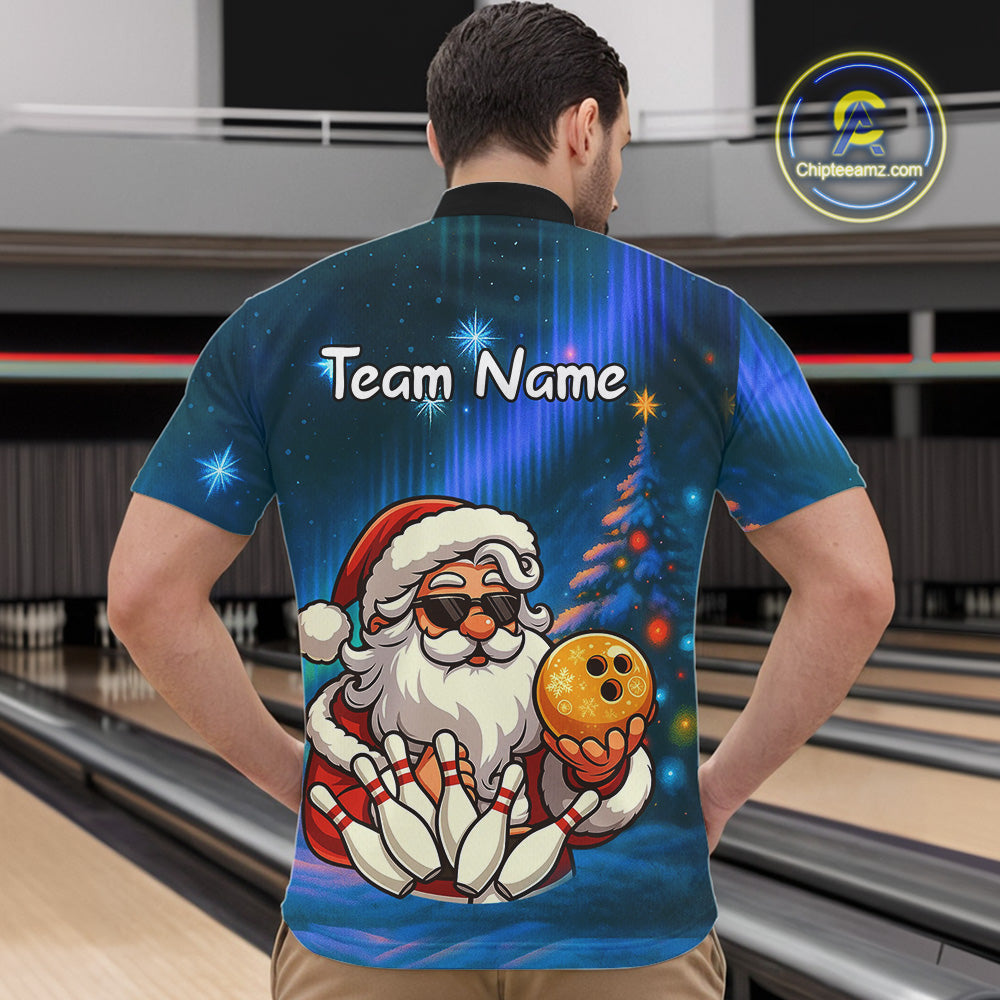Funny Santa Christmas Bowling Shirts For Men Custom Blue Christmas Night Bowling Team Jersey NQS11010