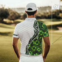Load image into Gallery viewer, Custom White and Green shamrock pattern Golf Polo Shirts For Men, St Patrick's day team mens golf top NQS11208