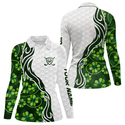 Custom White and Green shamrock pattern Women Golf Polo Shirts, St Patrick's day team ladies golf top NQS11208