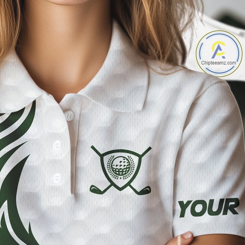 Custom White and Green shamrock pattern Women Golf Polo Shirts, St Patrick's day team ladies golf top NQS11208