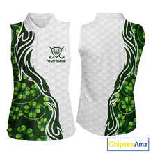 Load image into Gallery viewer, Custom White and Green shamrock pattern Sleeveless Golf Polo Shirts, St Patrick's day ladies golf top NQS11208