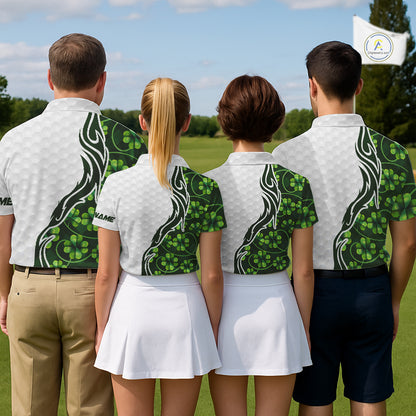 Custom White and Green shamrock pattern Women Golf Polo Shirts, St Patrick's day team ladies golf top NQS11208