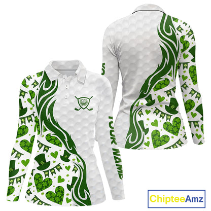 Custom White and Green St Patrick's day pattern Golf Polo Shirts For Women, team ladies golf outfit NQS11209
