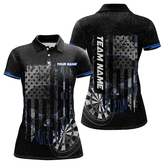 Black & White grunge American Flag Skull Women Darts Shirts Custom patriotic Team Darts Jersey | Blue NQS9343