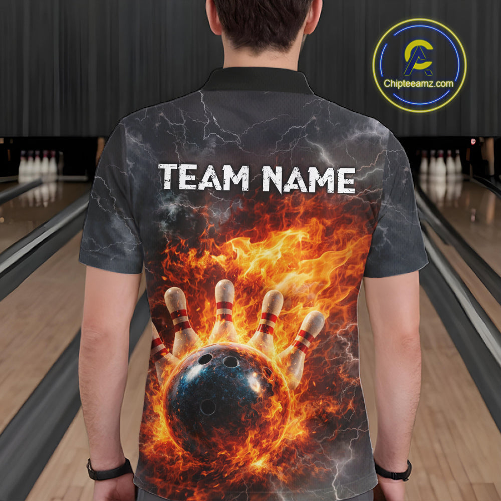 Custom Orange Flame Lightning Thunder Bowling shirts for Men, bowling team jerseys gift for bowlers NQS11618