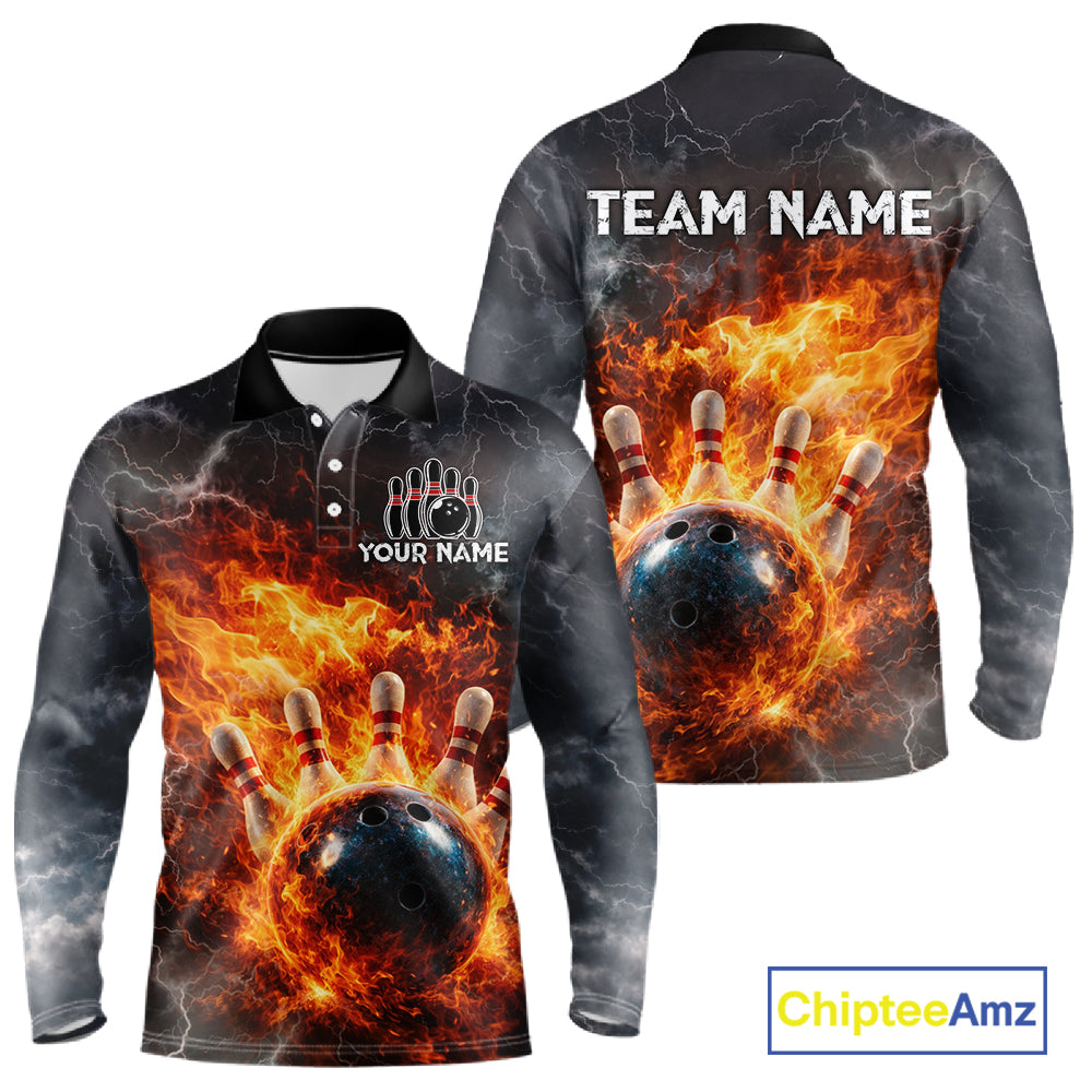 Custom Orange Flame Lightning Thunder Bowling shirts for Men, bowling team jerseys gift for bowlers NQS11618