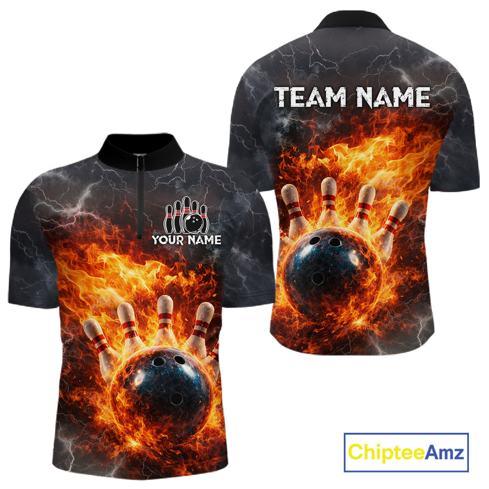 Custom Orange Flame Lightning Thunder Bowling shirts for Men, bowling team jerseys gift for bowlers NQS11618