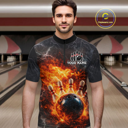 Custom Orange Flame Lightning Thunder Bowling shirts for Men, bowling team jerseys gift for bowlers NQS11618