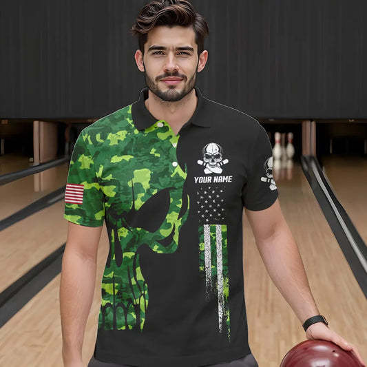 Skull Green Camouflage American Flag Mens Bowling Shirts Custom Patriotic Bowling Team Jerseys For Men NQS9641
