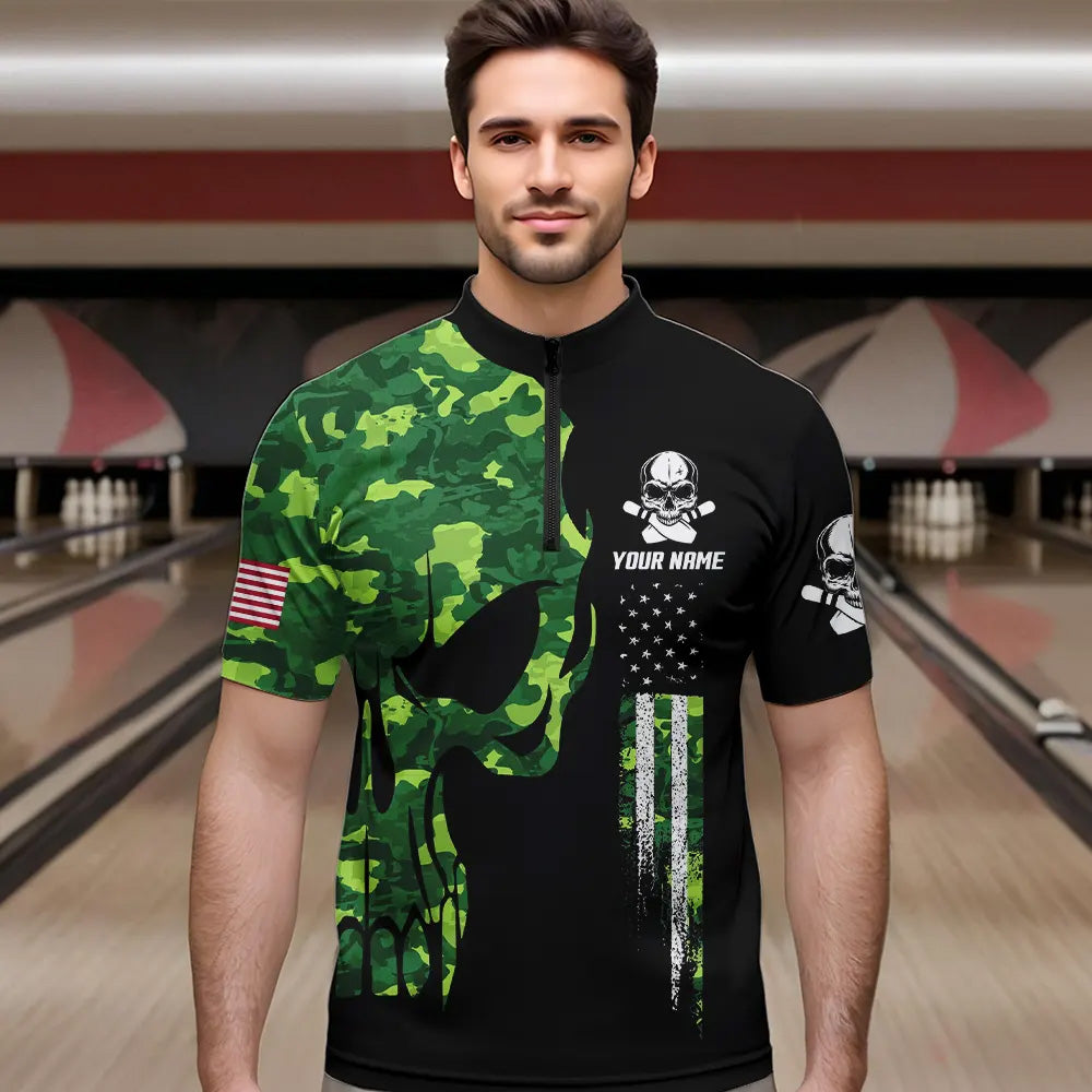 Skull Green Camouflage American Flag Mens Bowling Shirts Custom Patriotic Bowling Team Jerseys For Men NQS9641