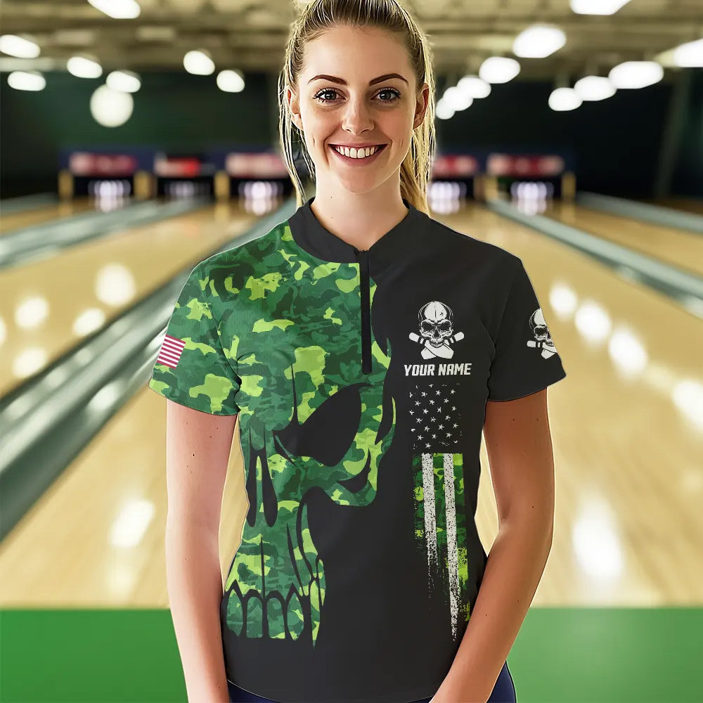 Skull Green Camouflage American Flag Women Bowling Shirt Custom Patriotic Bowling Ladies Team Jerseys NQS9641