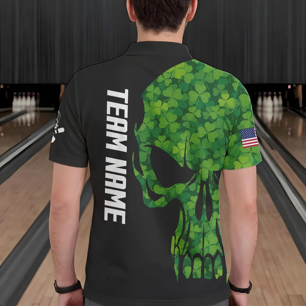 Skull Green Clover pattern American Flag Mens Bowling Shirt Custom St Patrick Day Bowling Team Jersey NQS9643