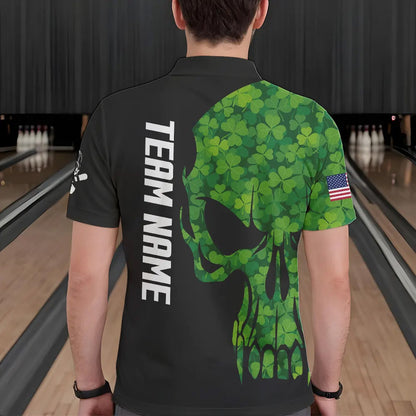 Skull Green Clover pattern American Flag Mens Bowling Shirt Custom St Patrick Day Bowling Team Jersey NQS9643