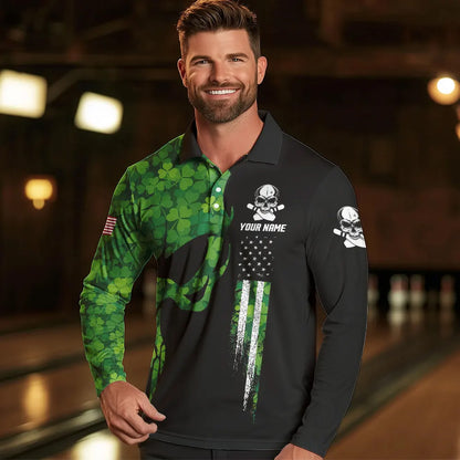 Skull Green Clover pattern American Flag Mens Bowling Shirt Custom St Patrick Day Bowling Team Jersey NQS9643