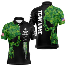 Load image into Gallery viewer, Skull Green Clover pattern American Flag Mens Bowling Shirt Custom St Patrick Day Bowling Team Jersey NQS9643
