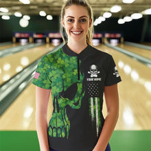 Load image into Gallery viewer, Skull Green Clover pattern American Flag Women Bowling Shirt Custom St Patrick Day Bowling Team Jersey NQS9643