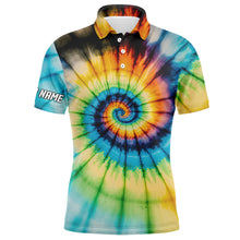 Load image into Gallery viewer, Mens golf polo shirt with colorful swirl tie dye background custom team golf shirts for mens golfers NQS5434