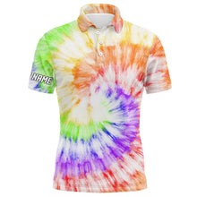 Load image into Gallery viewer, Mens golf polo shirt with with colorful tie dye background custom name team golf tops for men golfers NQS5435