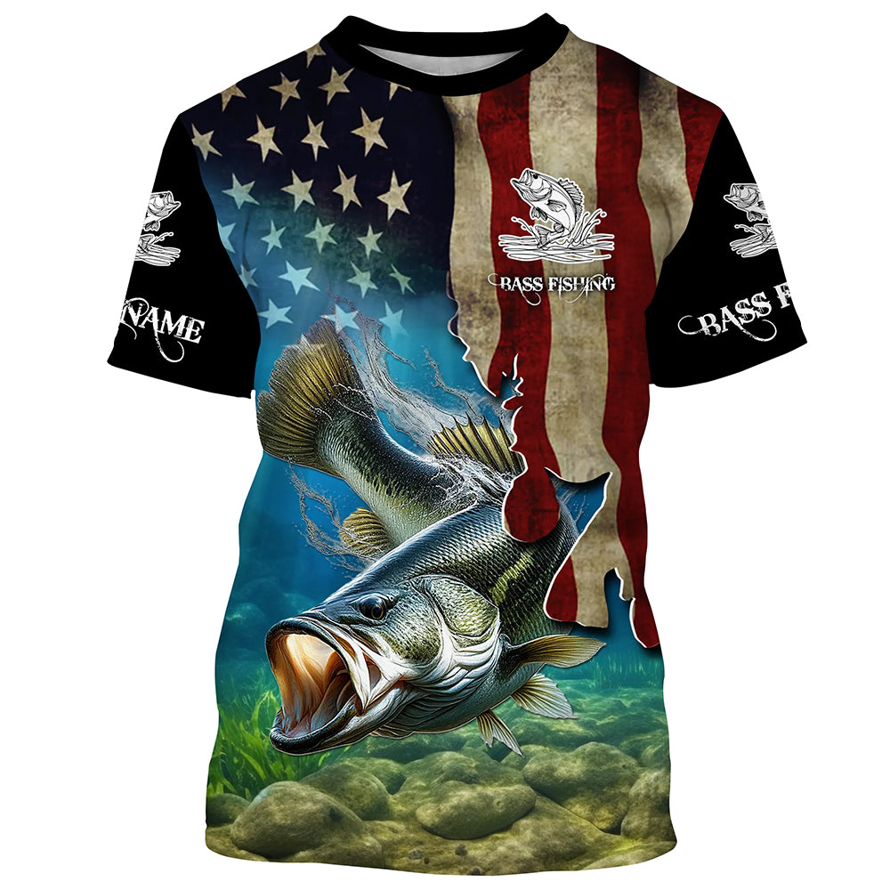 Largemouth Bass Fishing 3D American Flag Patriotic Customize name fishing shirts NQS432