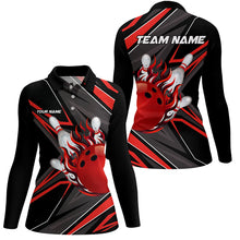 Load image into Gallery viewer, Black and Red Womens Bowling Shirts custom Bowling Ball and Pins flame bowling jerseys for Bowlers NQS8428