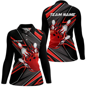 Black and Red Womens Bowling Shirts custom Bowling Ball and Pins flame bowling jerseys for Bowlers NQS8428