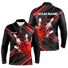 Load image into Gallery viewer, Black and Red Men Bowling Polo, 1/4 Zip Shirt custom Bowling Ball Pins flame bowling jersey for Bowler NQS8428