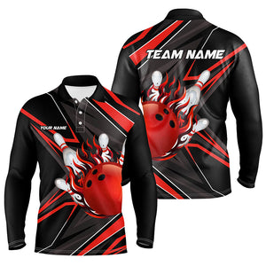 Black and Red Men Bowling Polo, 1/4 Zip Shirt custom Bowling Ball Pins flame bowling jersey for Bowler NQS8428