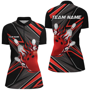 Black and Red Womens Bowling Shirts custom Bowling Ball and Pins flame bowling jerseys for Bowlers NQS8428