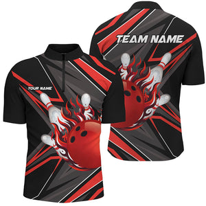 Black and Red Men Bowling Polo, 1/4 Zip Shirt custom Bowling Ball Pins flame bowling jersey for Bowler NQS8428