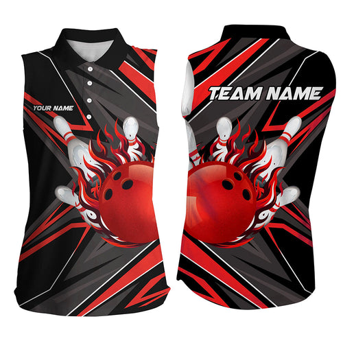 Black and Red Womens Sleeveless Polo Shirts custom Bowling Ball Pins flame bowling jerseys for Bowlers NQS8428