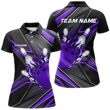 Load image into Gallery viewer, Black and Purple Womens Bowling Shirts custom Bowling Ball and Pins flame bowling jerseys for Bowlers NQS8429