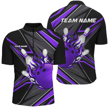 Load image into Gallery viewer, Black Purple Men Bowling Polo, 1/4 Zip Shirt custom Bowling Ball Pins flame bowling jersey for Bowler NQS8429