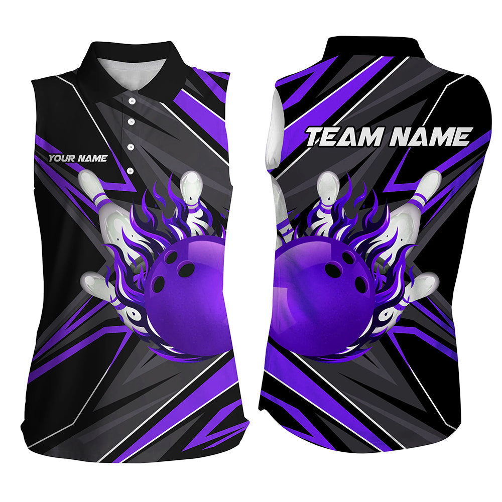 Black Purple Womens Sleeveless Polo Shirts custom Bowling Ball Pins flame bowling jerseys for Bowlers NQS8429