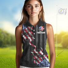 Load image into Gallery viewer, Black American flag smoke Women&#39;s Sleeveless Polo Shirt Custom Patriotic Team Golf attire NQS10615