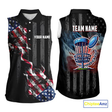 Load image into Gallery viewer, Black American flag smoke Women&#39;s Sleeveless Polo Shirt Custom Patriotic Team Disc Golf attire NQS10616