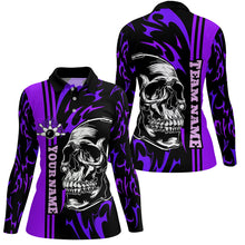 Load image into Gallery viewer, Bowling Shirts For Women Custom Black and Purple flame skull Bowling ball and pins Team league Jerseys NQS8665