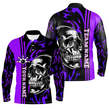 Load image into Gallery viewer, Bowling Shirts For Men Custom Black and Purple flame skull Bowling ball and pins Team league Jerseys NQS8665