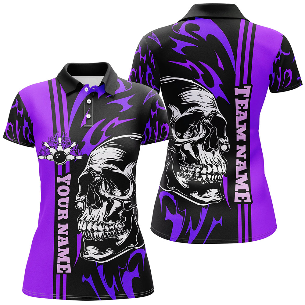 Bowling Shirts For Women Custom Black and Purple flame skull Bowling ball and pins Team league Jerseys NQS8665