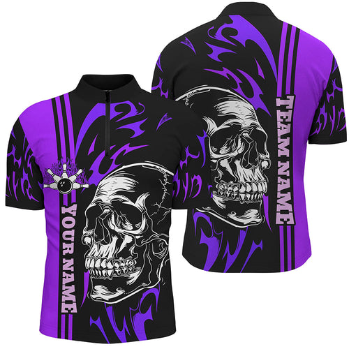 Bowling Shirts For Men Custom Black and Purple flame skull Bowling ball and pins Team league Jerseys NQS8665