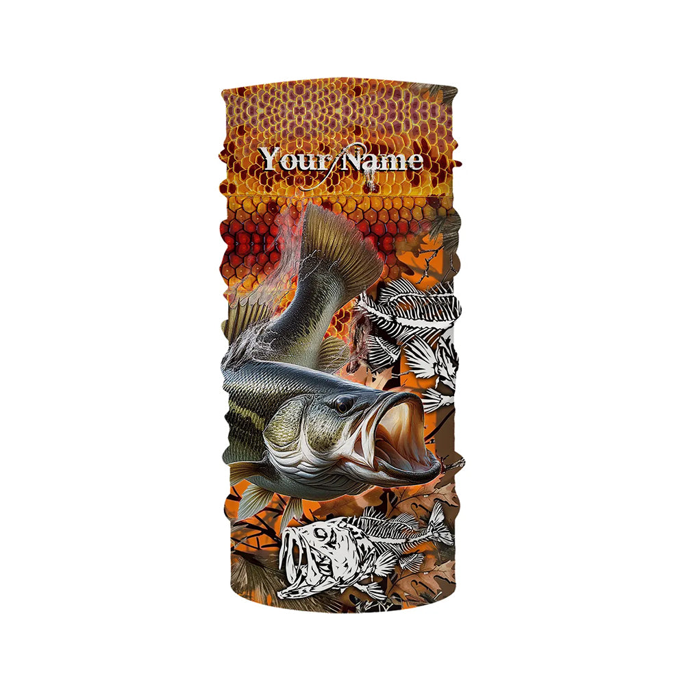 Largemouth Bass fishing orange camo performance long sleeve fishing shirt, Bass fishing jerseys NQS4293