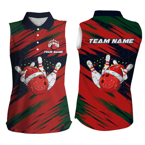 Red Camo Christmas Bowling Ball and pins Sleeveless Polo Shirt Custom Bowling Team Jerseys Xmas Outfit NQS8888