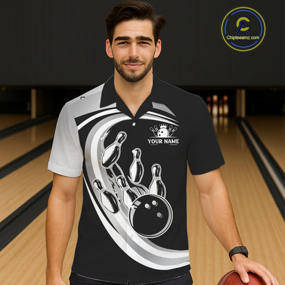 Black and Silver button-up bowling shirts Custom Bowling Team League Jerseys, Gift For Bowler NQS11416